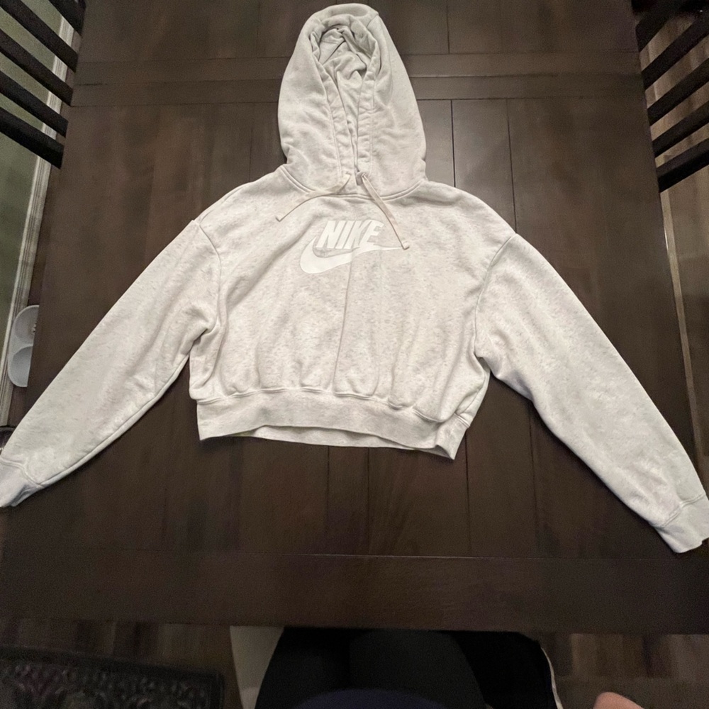 Nike Light Gray Crop Crewneck Hoodie with White Logo